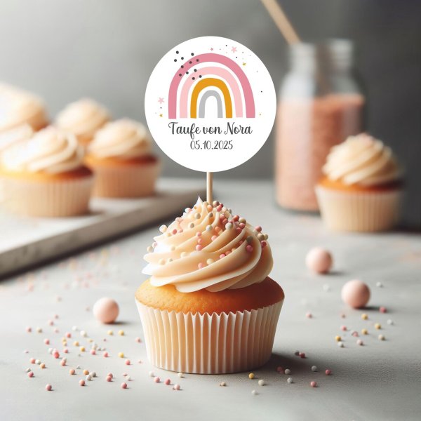 Geschenkaufkleber mit Regenbogen mit der Taufschrift Taufe von (Name) und Taufdatum